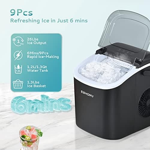 EUHOMY Countertop Ice Maker Machine with Handle, 26lbs in 24Hrs