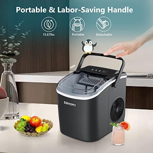 EUHOMY Countertop Ice Maker Machine with Handle, 26lbs in 24Hrs