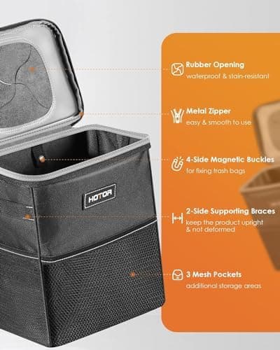 HOTOR Car Trash Can with Lid and Storage Pockets