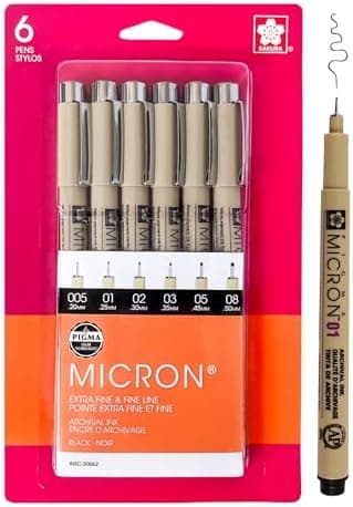 SAKURA Pigma Micron Fineliner Archival Black Ink Pens, 6 Pack